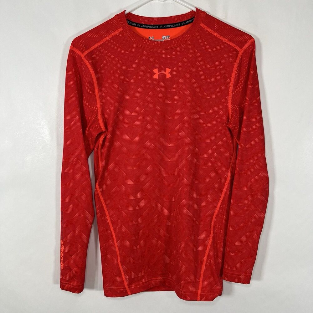 Under Armour Cold Gear Long Sleeve Compression Shirt Mens Small Red Orange Geo